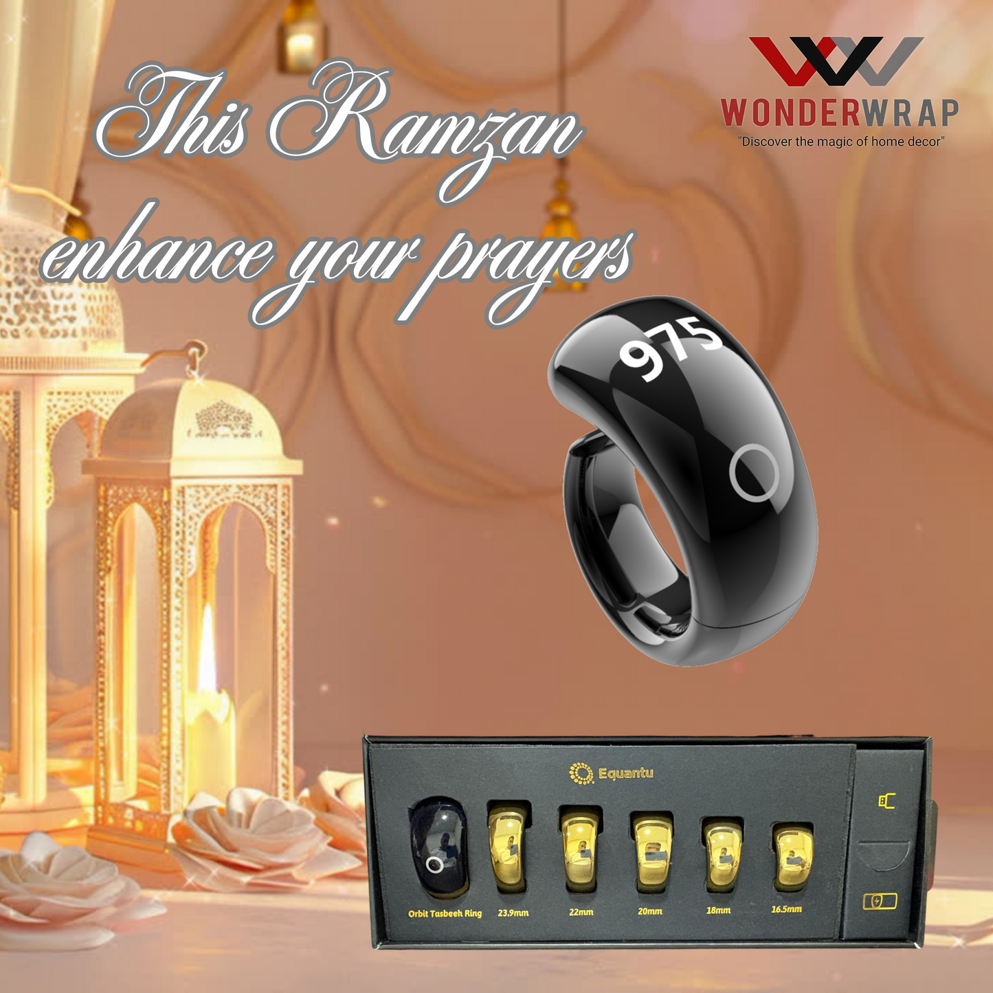 Wonderwrap- Decor Smart Zikr Counter Ring with Digital Finger Counter & Prayer Time Reminder | Portable Tasbih Ring Worship (SQ976)
